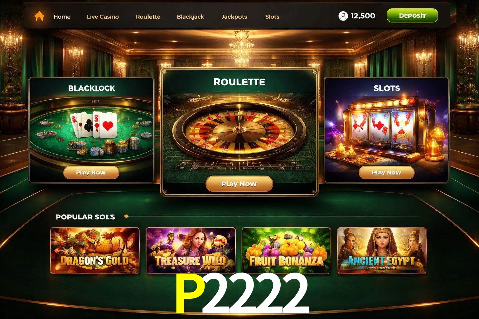 Vista de la plataforma P2222 Casino mostrando categorías organizadas de juegos en línea