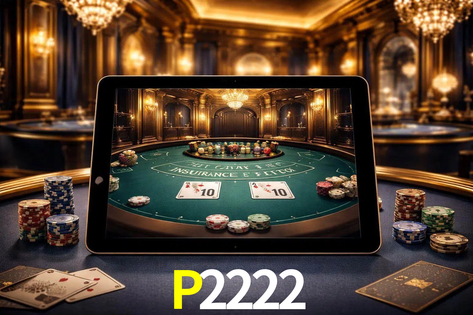Configuración moderna de casino en vivo con una tableta mostrando una mesa de blackjack, luces cálidas de estudio y una atmósfera elegante de juegos digitales.