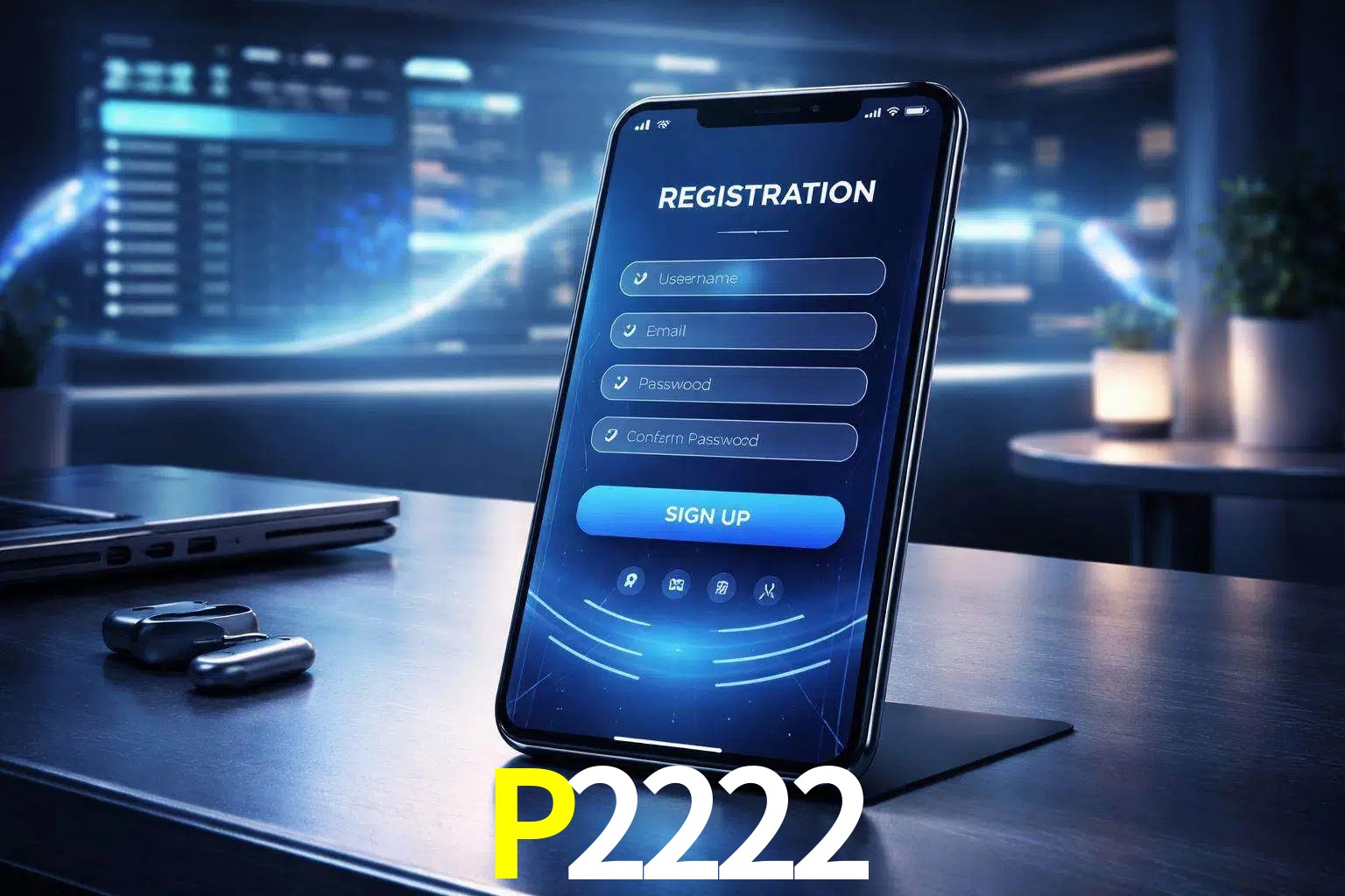Una interfaz moderna de registro móvil para P2222 mostrada en un smartphone con un panel de apuestas elegante.
